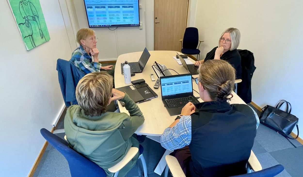 Från vänster till höger med ansikte mot kameran: Karin Syk Zackrisson, projektdeltagare och Katrin Albinsson, delprojektledare. Från vänster till höger, med ryggen mot kameran: projektdeltagarna Siv Båtman och Lisa Bellander.